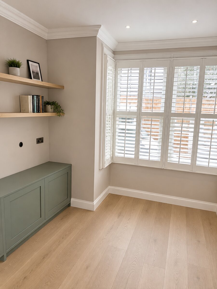 Timber sash windows with white plantation shutters in a finished living room