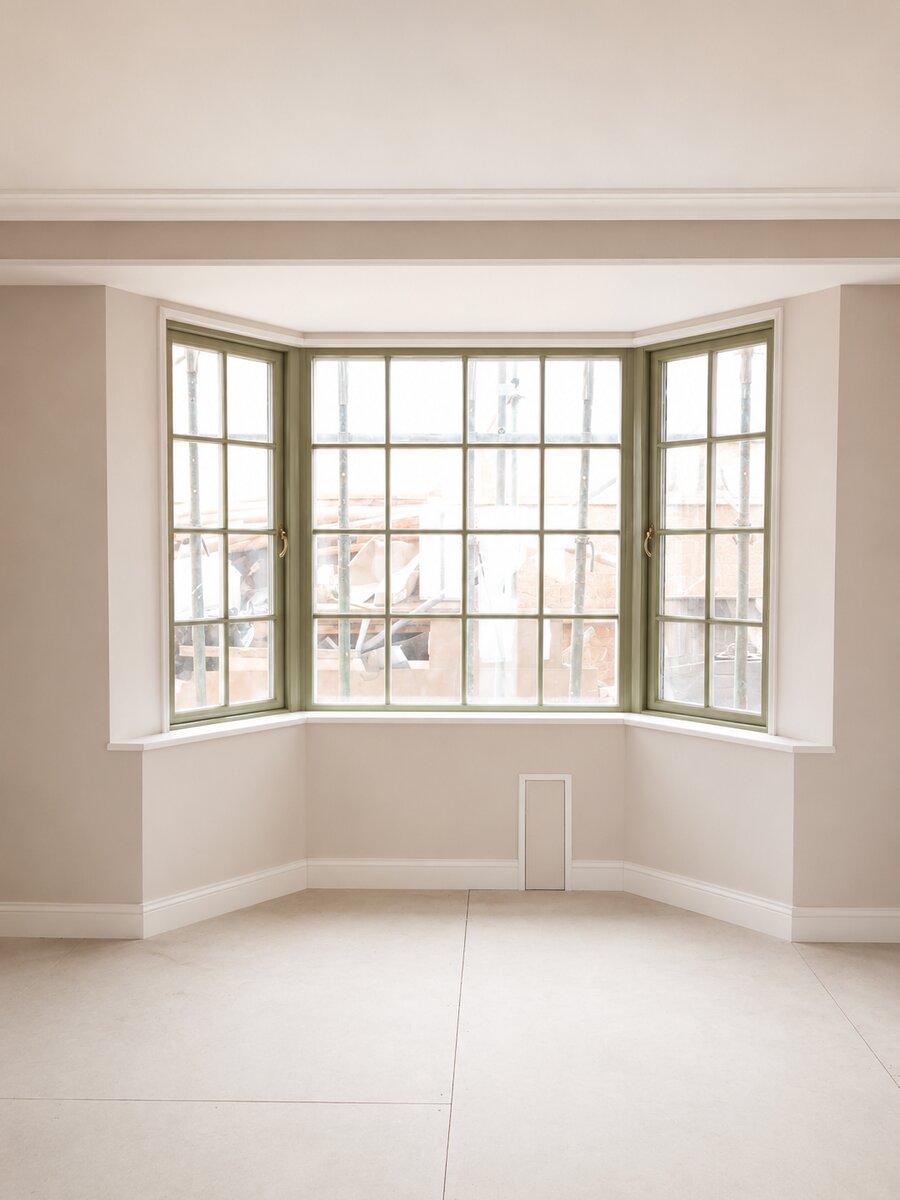 Sage green timber casement bay windows with glazing bars in a finished interior