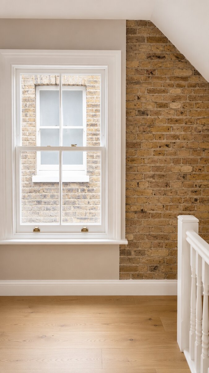 Traditional timber sash window beside exposed London brick in a loft conversion