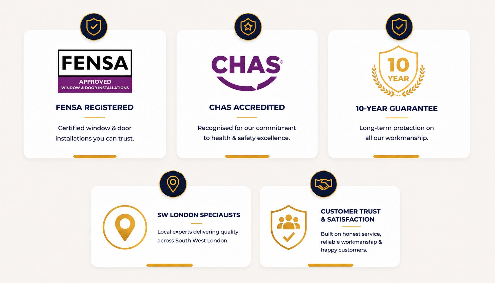 FENSA Registered, CHAS Accredited, 10-Year Guarantee, SW London Specialists, Customer Trust & Satisfaction