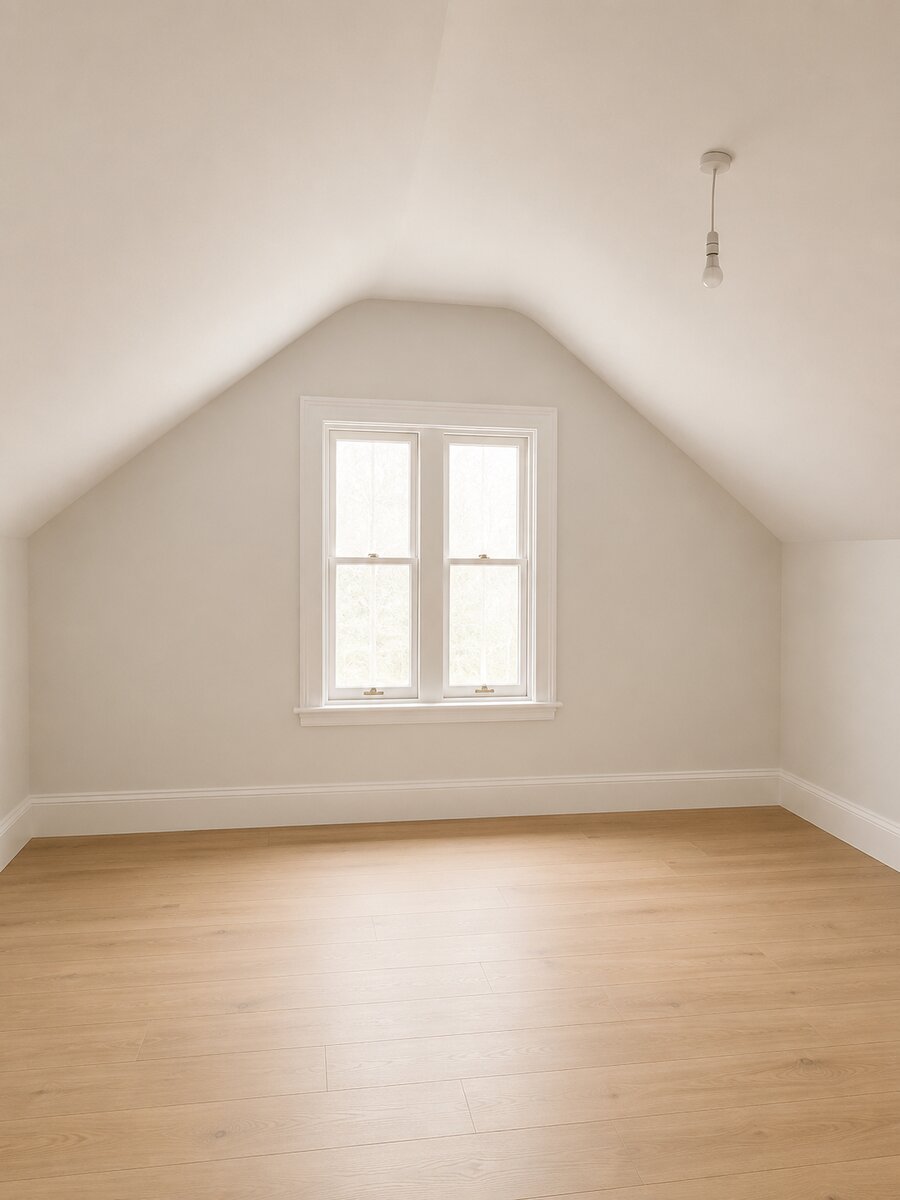 Pair of white timber sash windows in a bright attic bedroom conversion