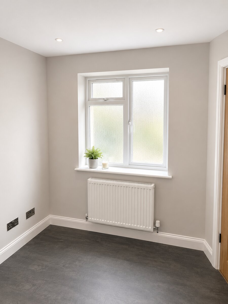 White timber casement window with frosted glass in a newly decorated room