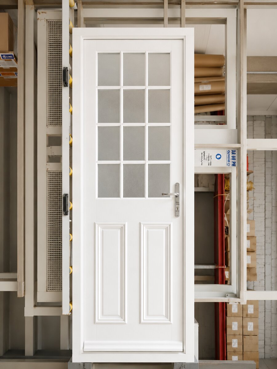 White timber glazed back door with twelve panes in our joinery workshop