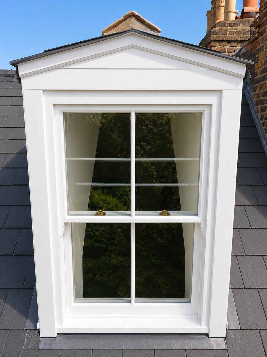 New white timber sash window in a pedimented dormer on a slate roof in South West London